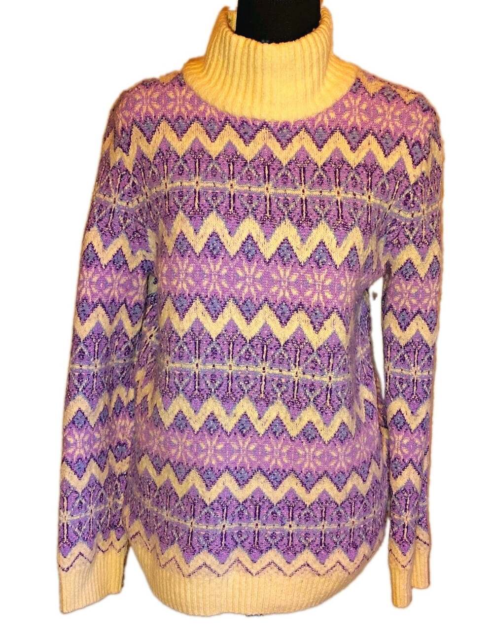 Talbots Purple Ivory Fair Isle Knit Turtleneck Pullover Sweater Women S